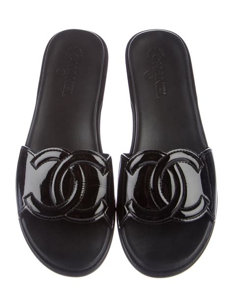 chanel black patent leather slides|chanel sandals cc logo.